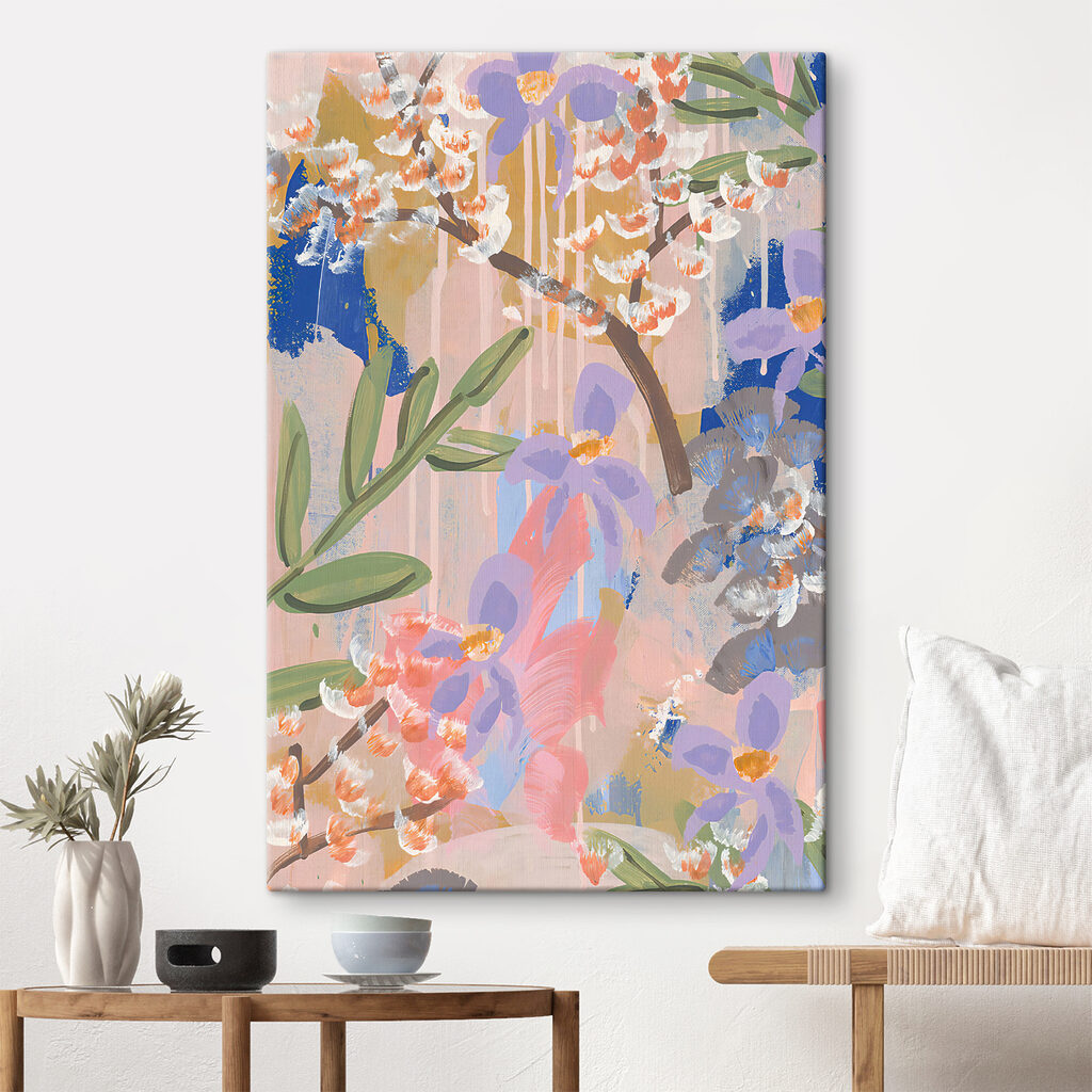 A painting of flowers and leaves