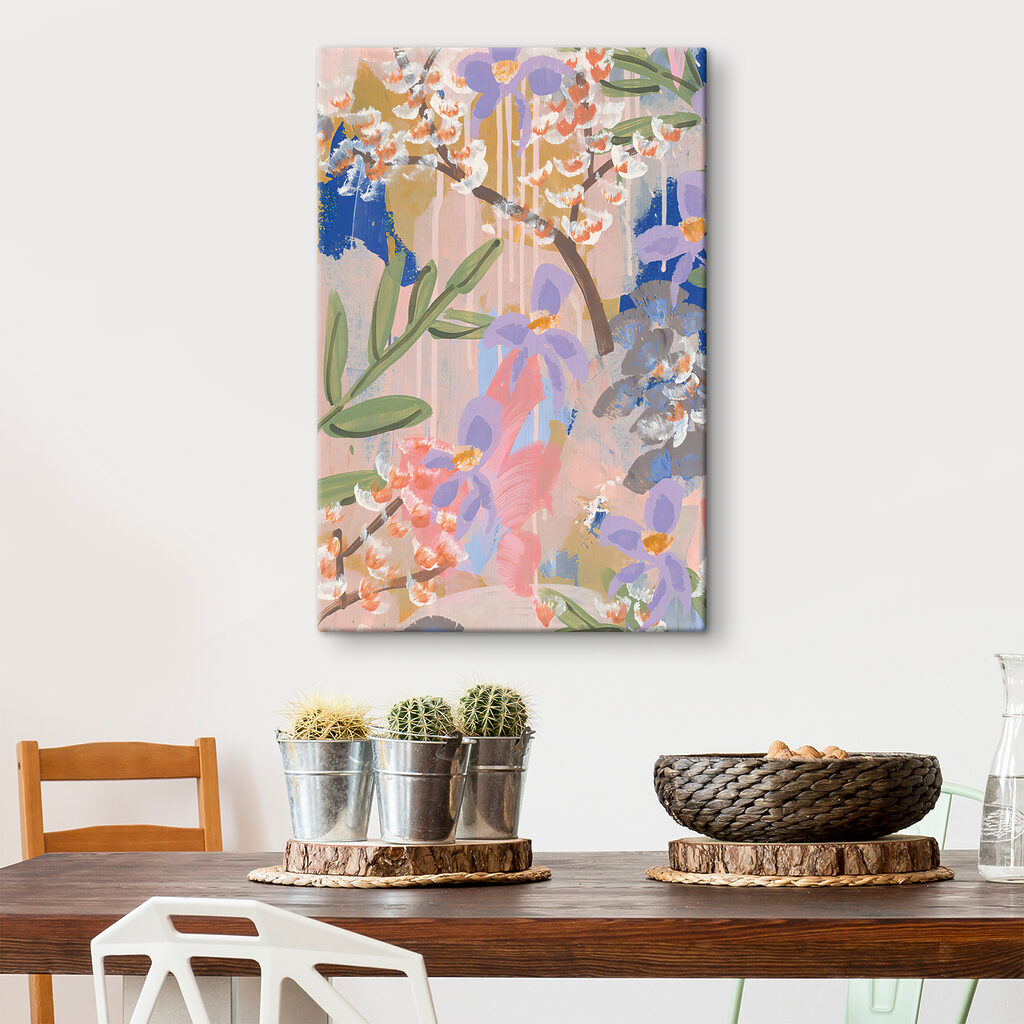 A painting of flowers and leaves