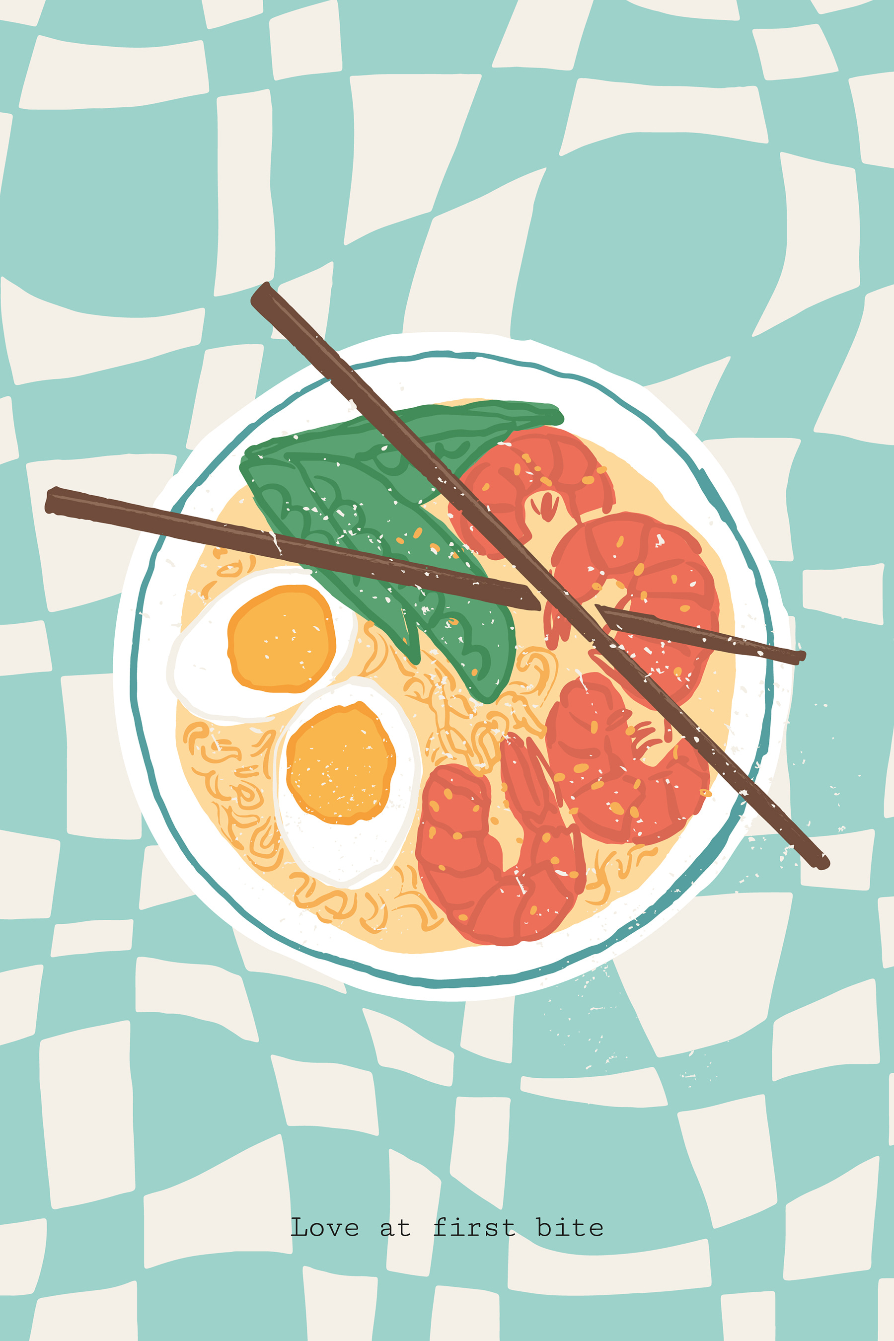 A bowl of ramen with shrimp and eggs
