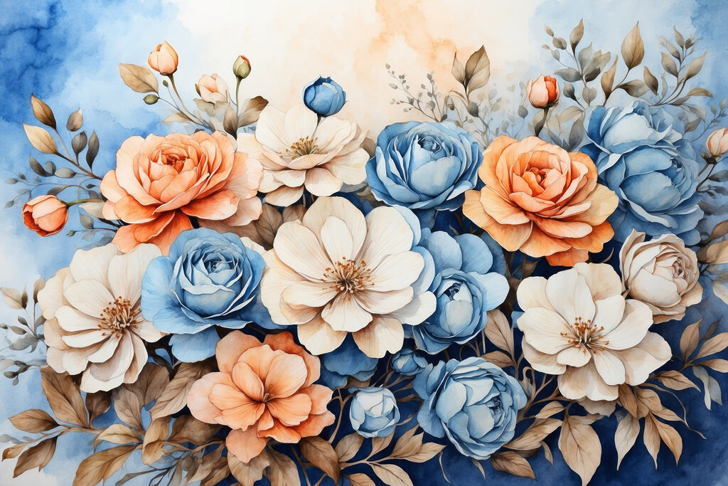 A painting of flowers on a blue background