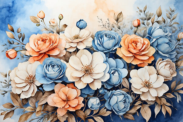 A painting of flowers on a blue background