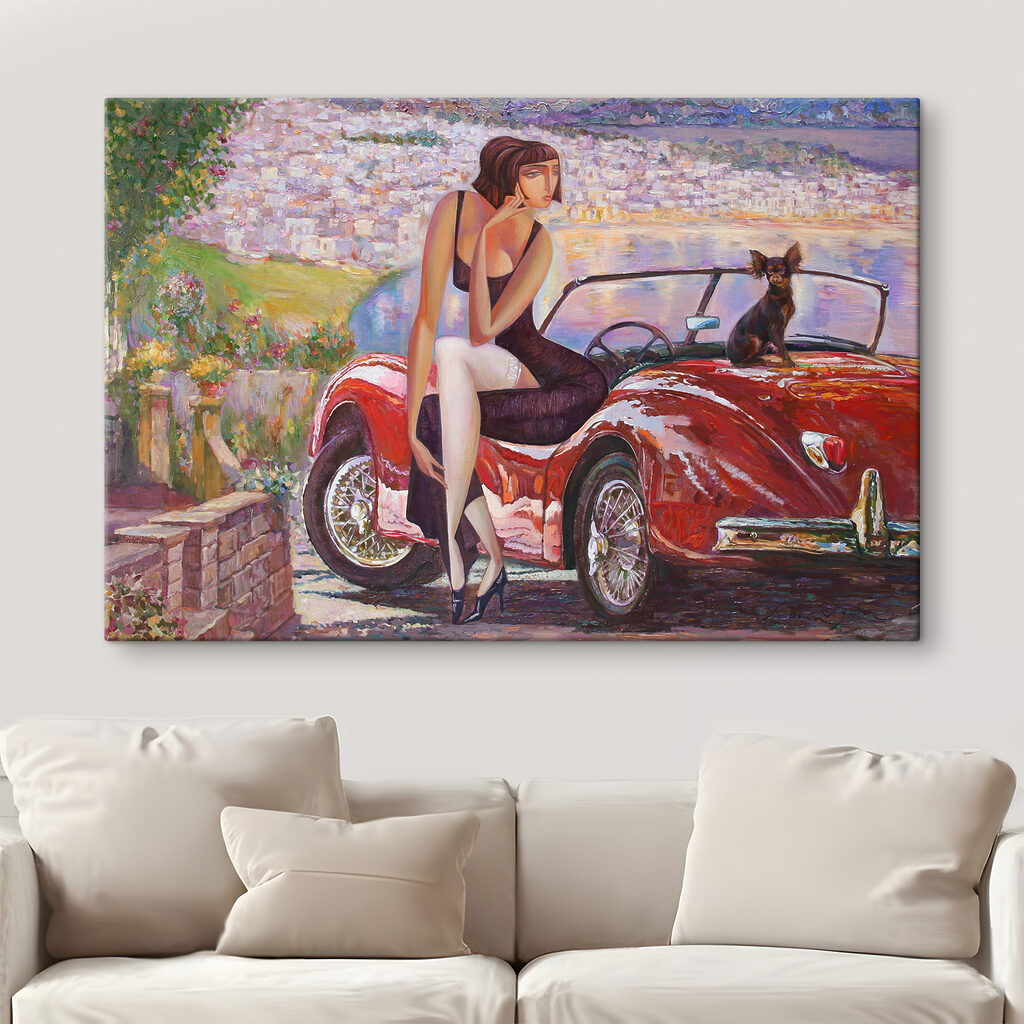 A painting of a woman sitting on a red car with a dog