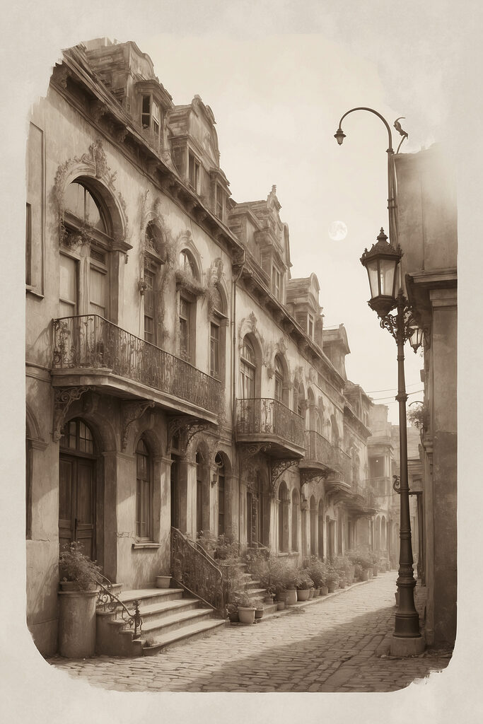 A street with a building and a lamp post A street with a building and a lamp post