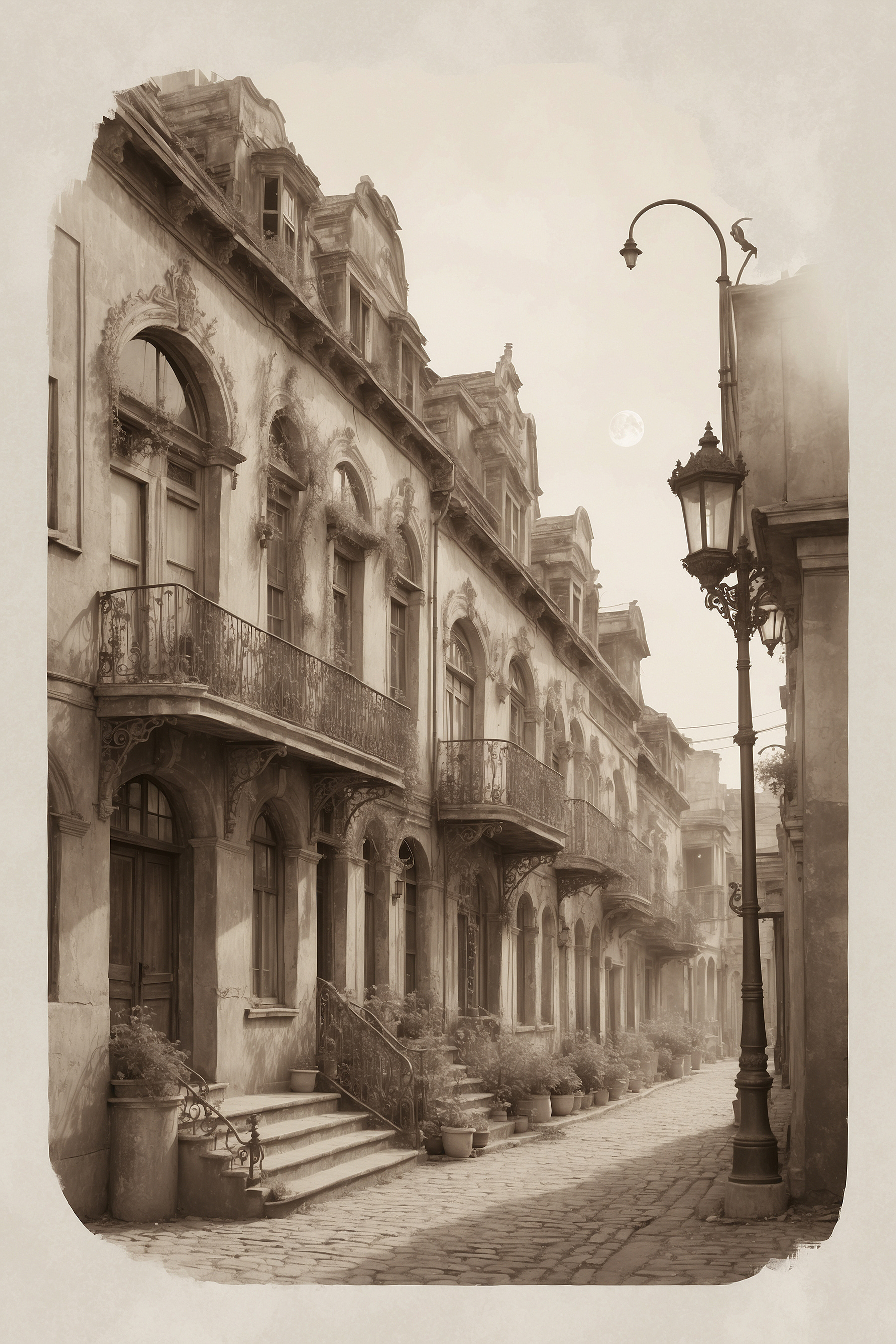 A street with a building and a lamp post A street with a building and a lamp post