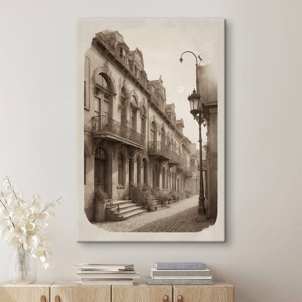 A street with a building and a lamp post A street with a building and a lamp post