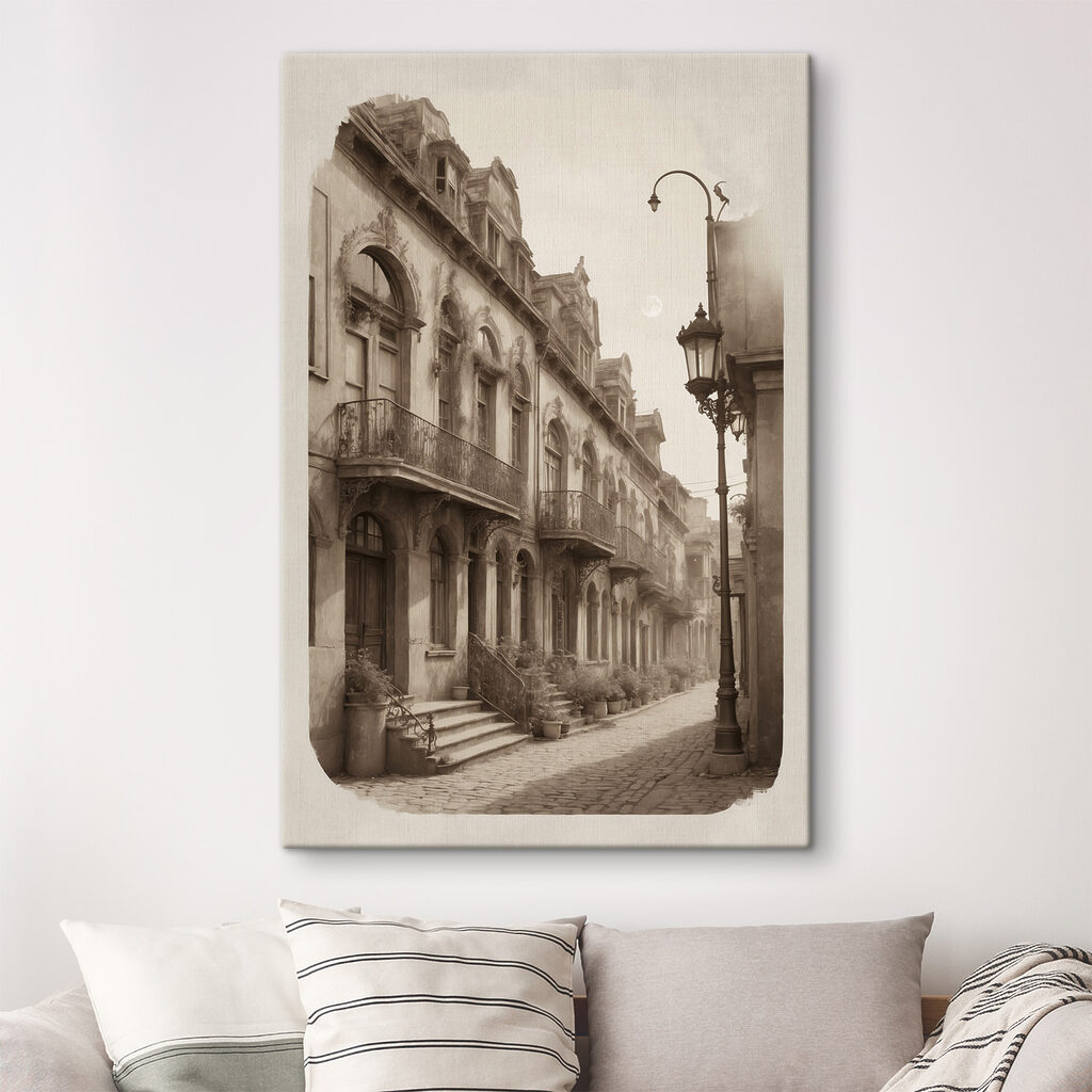 A street with a building and a lamp post A street with a building and a lamp post