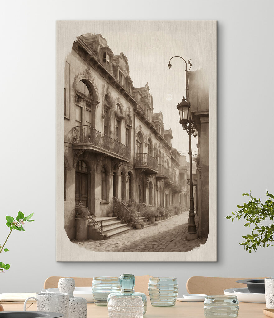 A street with a building and a lamp post A street with a building and a lamp post