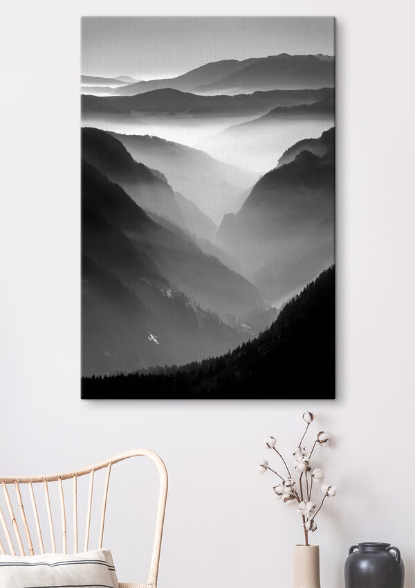 A black and white photo of mountains