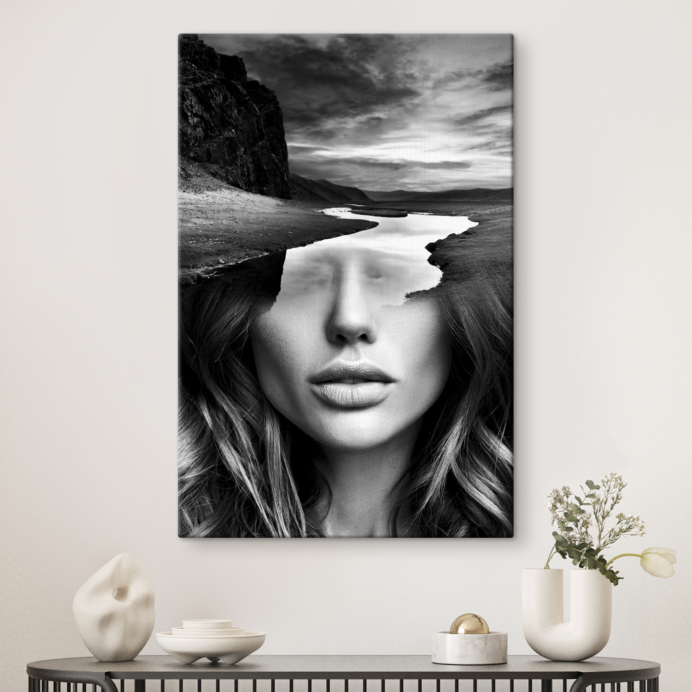 A woman's face with a river and mountains A woman's face with a river and mountains