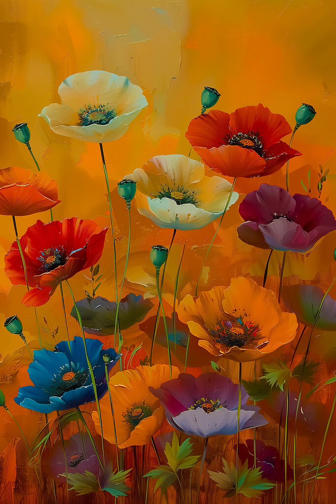 A painting of flowers on a yellow background