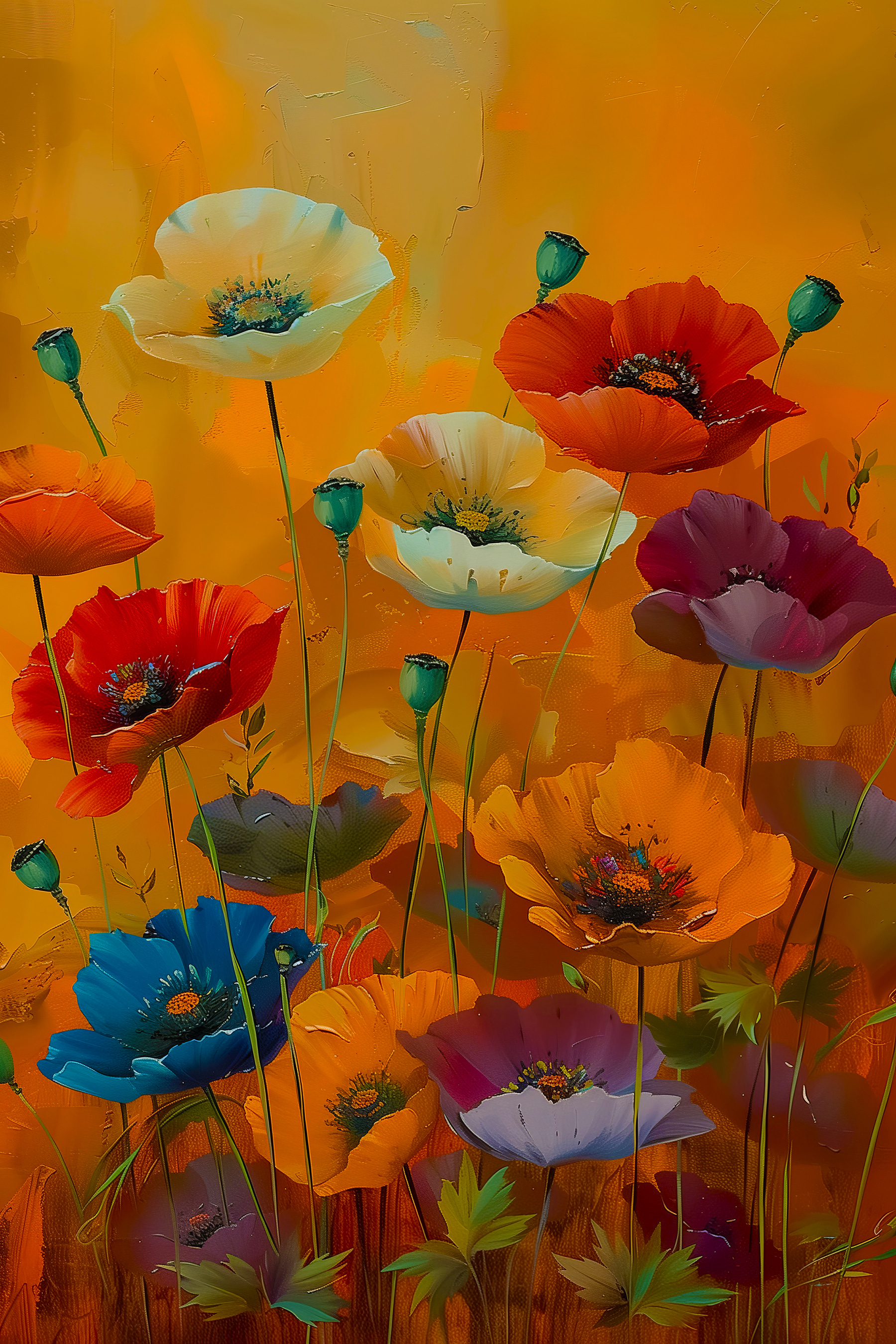 A painting of flowers on a yellow background