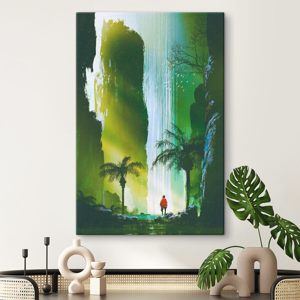 A man walking in a forest with a waterfall