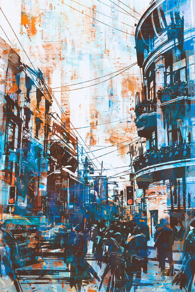 A street with buildings and people A street with buildings and people