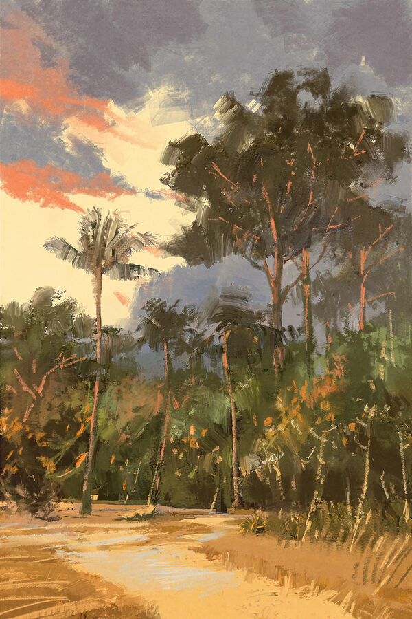 A painting of trees and bushes A painting of trees and bushes