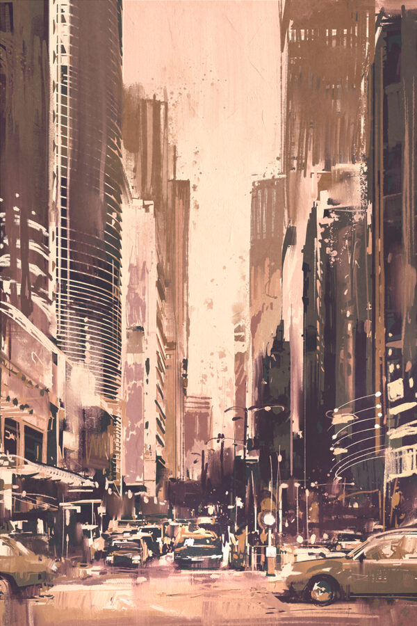 A city street with tall buildings A city street with tall buildings