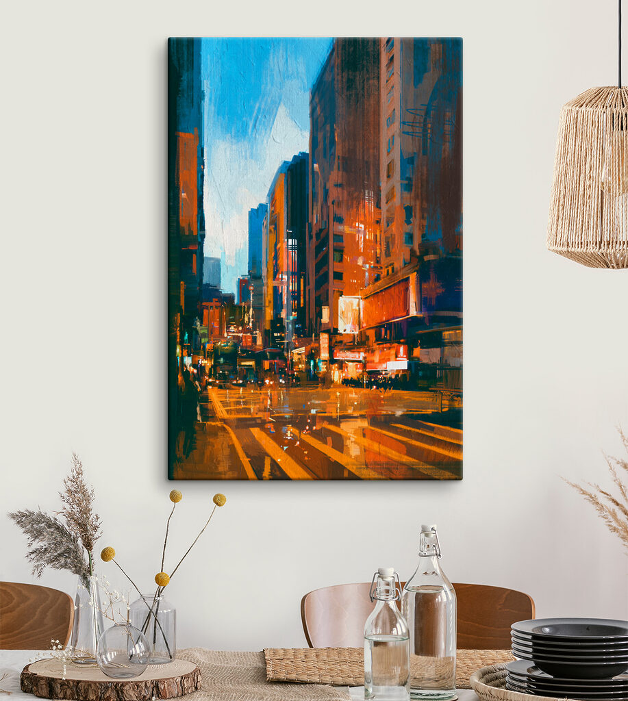 A city street with buildings and lights A city street with buildings and lights
