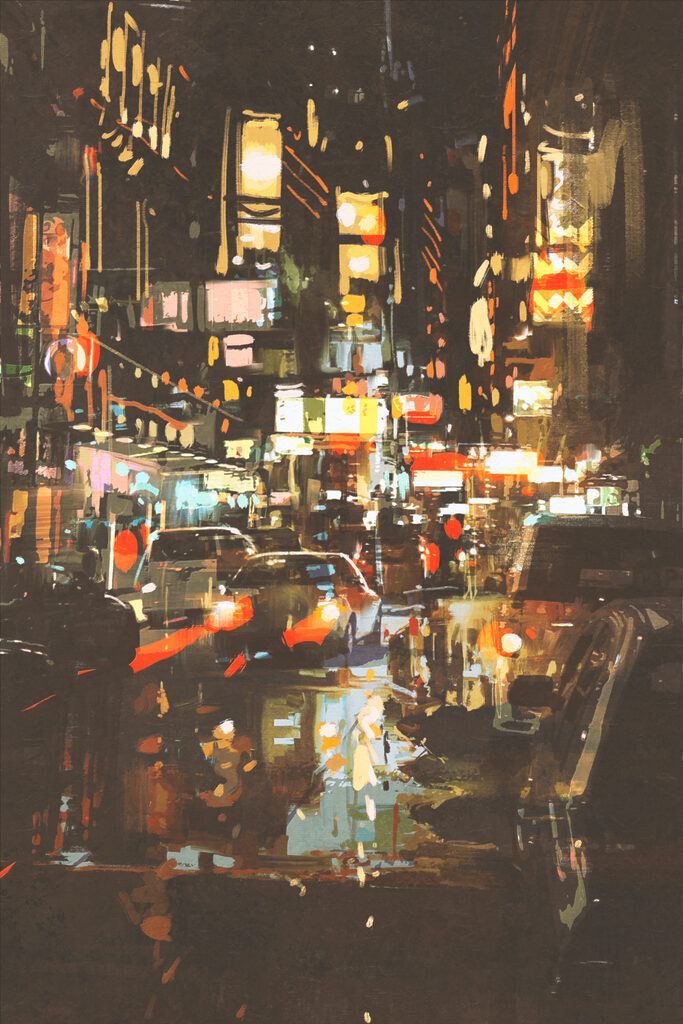 A city street with cars and lights A city street with cars and lights