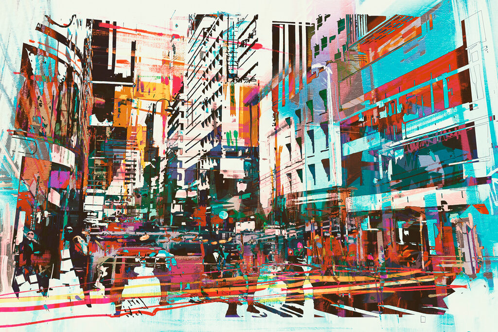A colorful cityscape with people walking