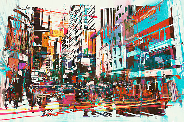 A colorful cityscape with people walking