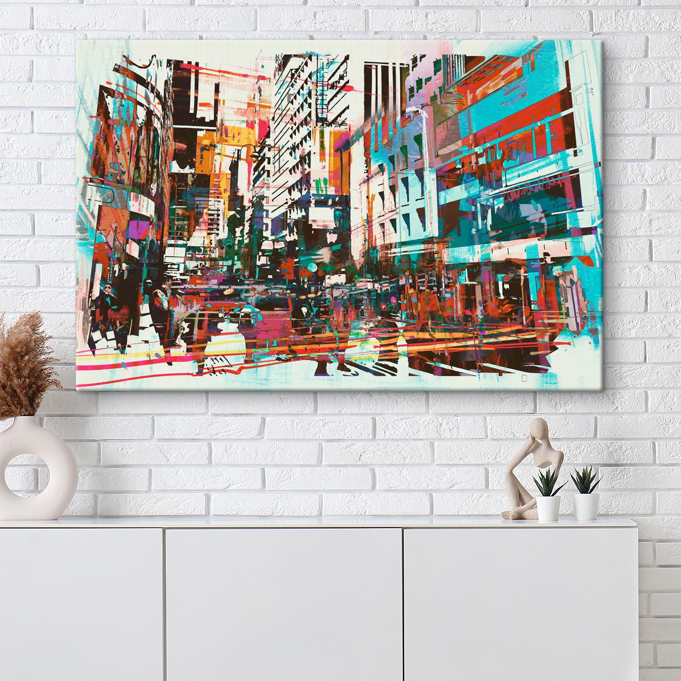 A colorful cityscape with people walking