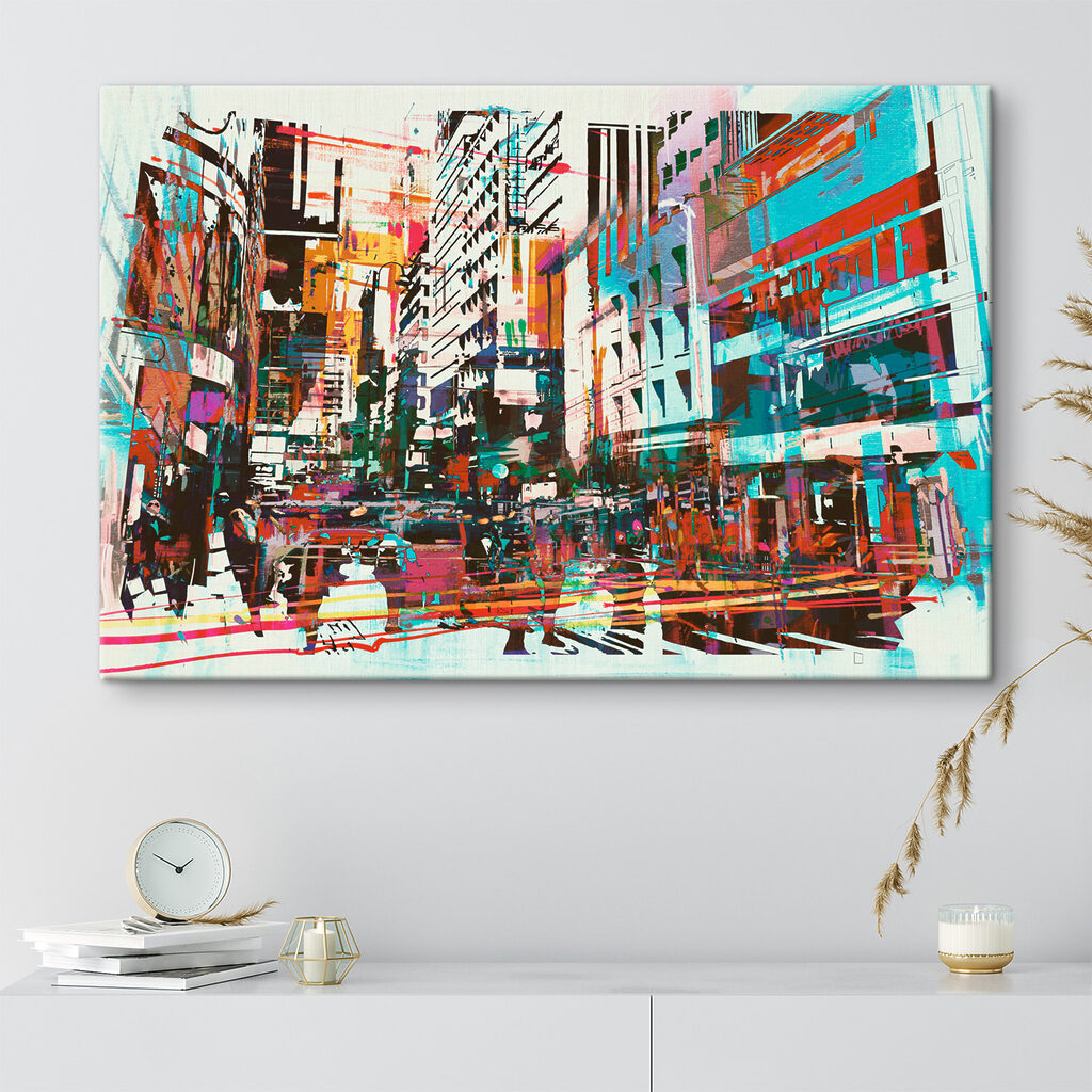 A colorful cityscape with people walking