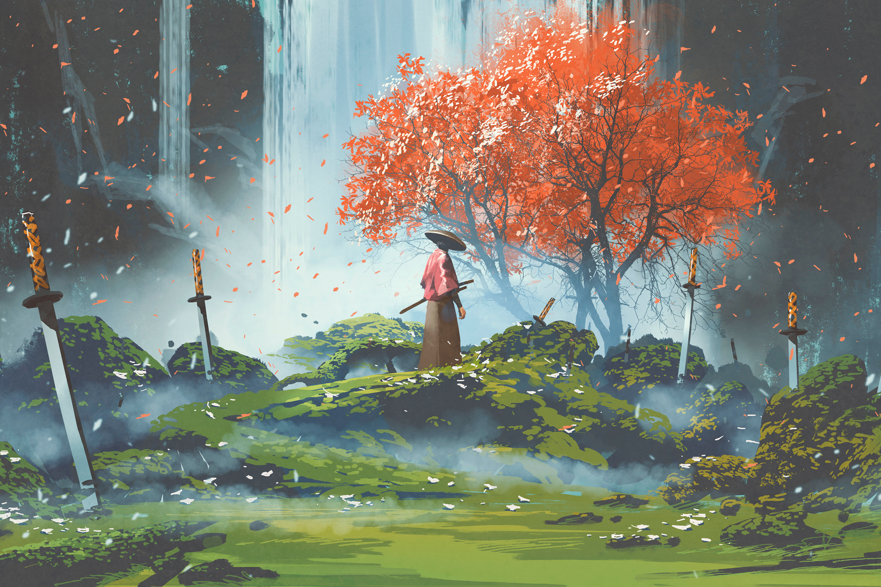 A person standing in a field with swords A person standing in a field with swords