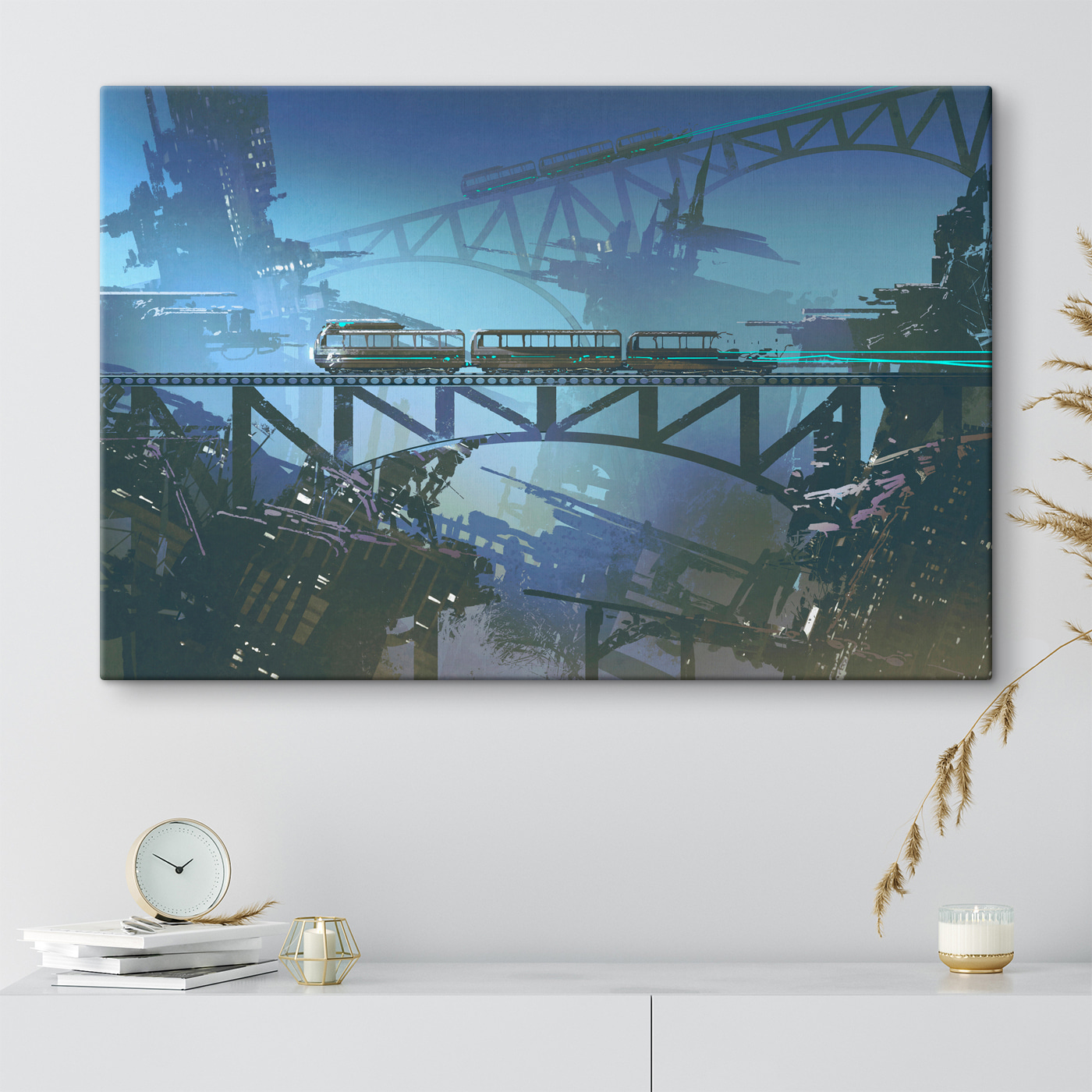 A train on a bridge over a city A train on a bridge over a city