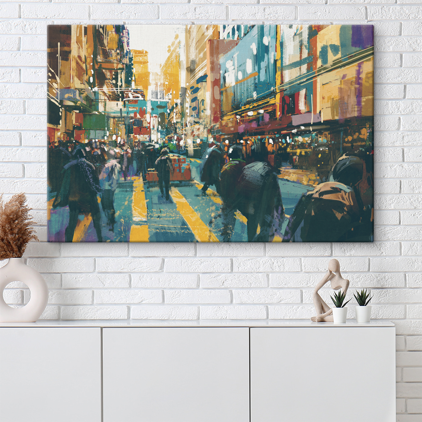 A group of people walking in a city