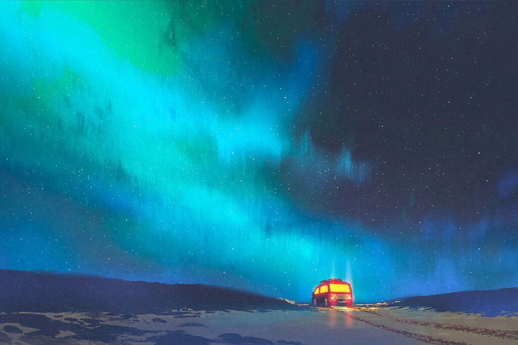 A bus on a snowy road with lights in the sky