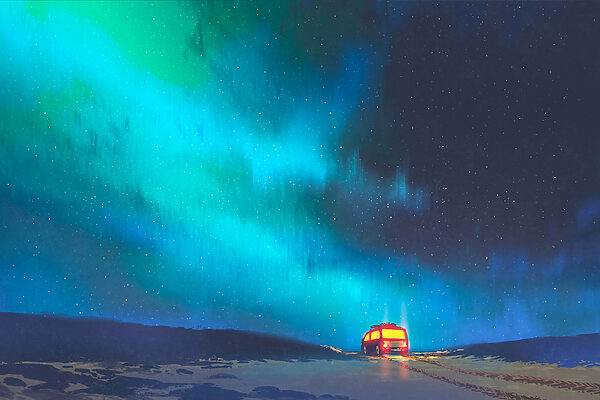 A bus on a snowy road with lights in the sky
