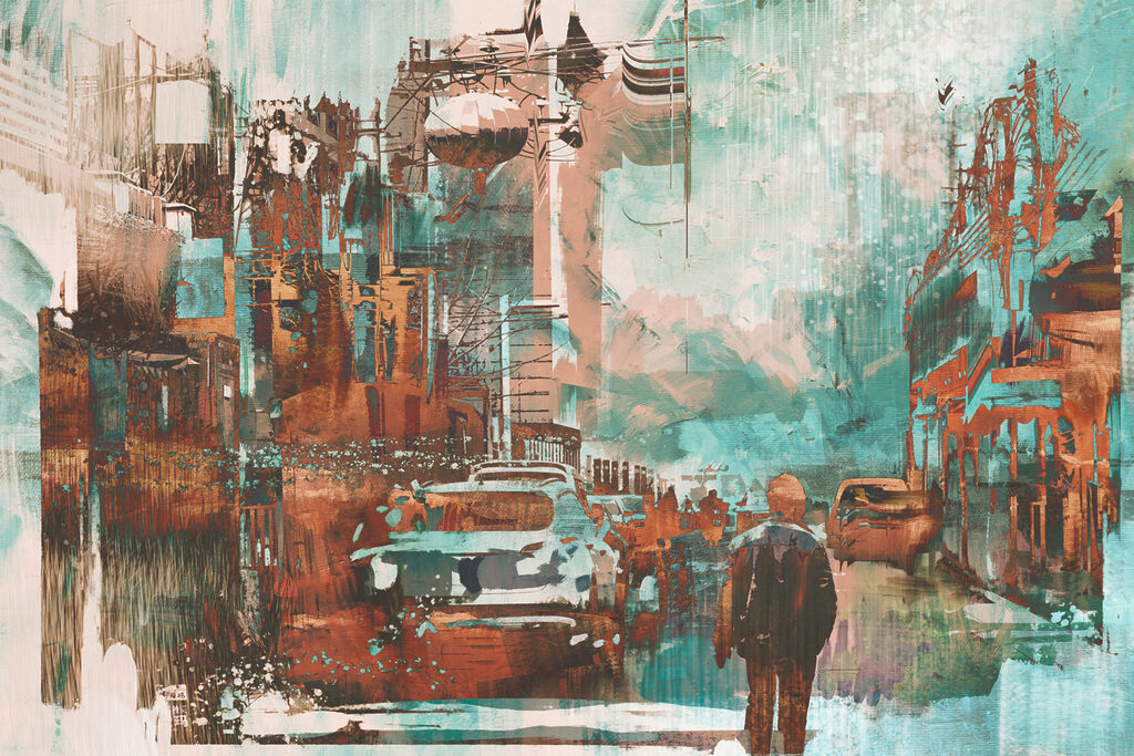A man walking on a street with cars and buildings