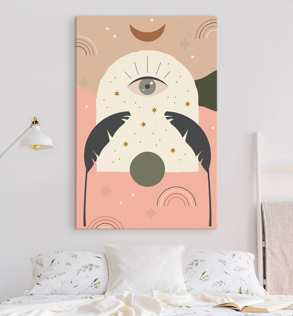 A graphic of an eye and a circle with wings A graphic of an eye and a circle with wings