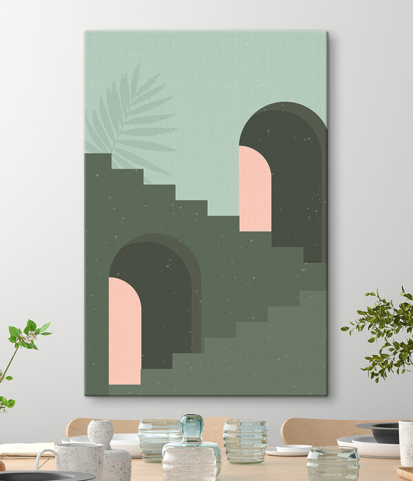 A green staircase with a pink arch and a palm leaf