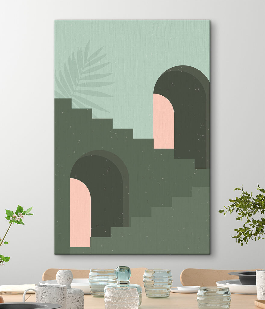 A green staircase with a pink arch and a palm leaf