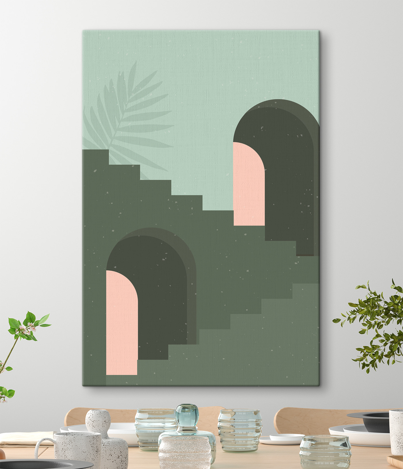 A green staircase with a pink arch and a palm leaf