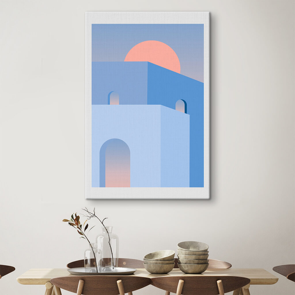 A blue building with a pink sun behind it A blue building with a pink sun behind it