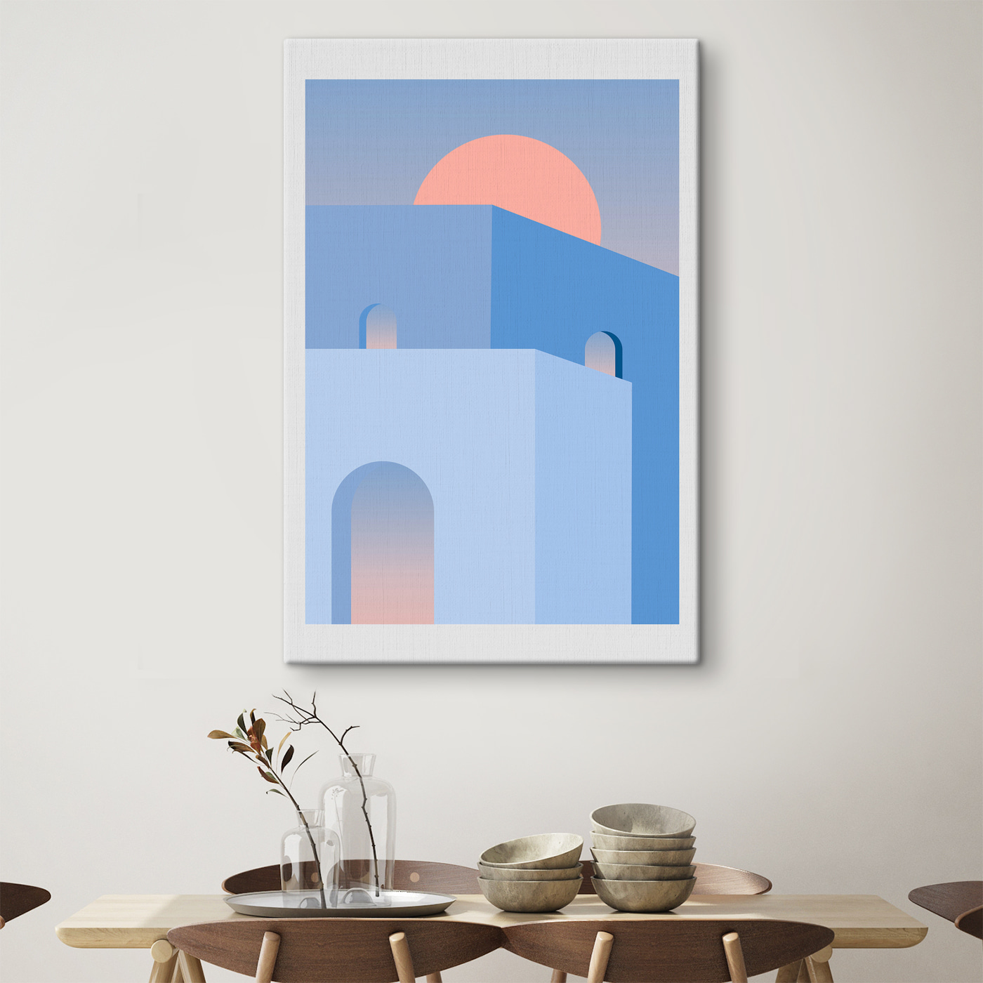 A blue building with a pink sun behind it A blue building with a pink sun behind it