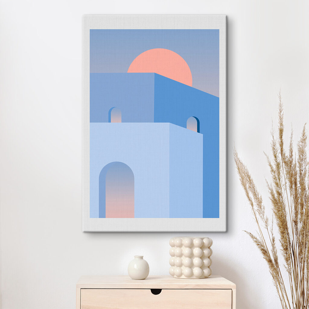 A blue building with a pink sun behind it A blue building with a pink sun behind it
