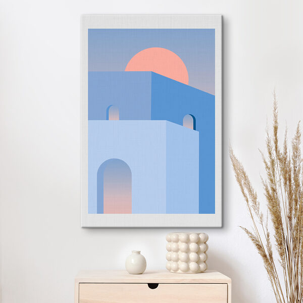 A blue building with a pink sun behind it A blue building with a pink sun behind it