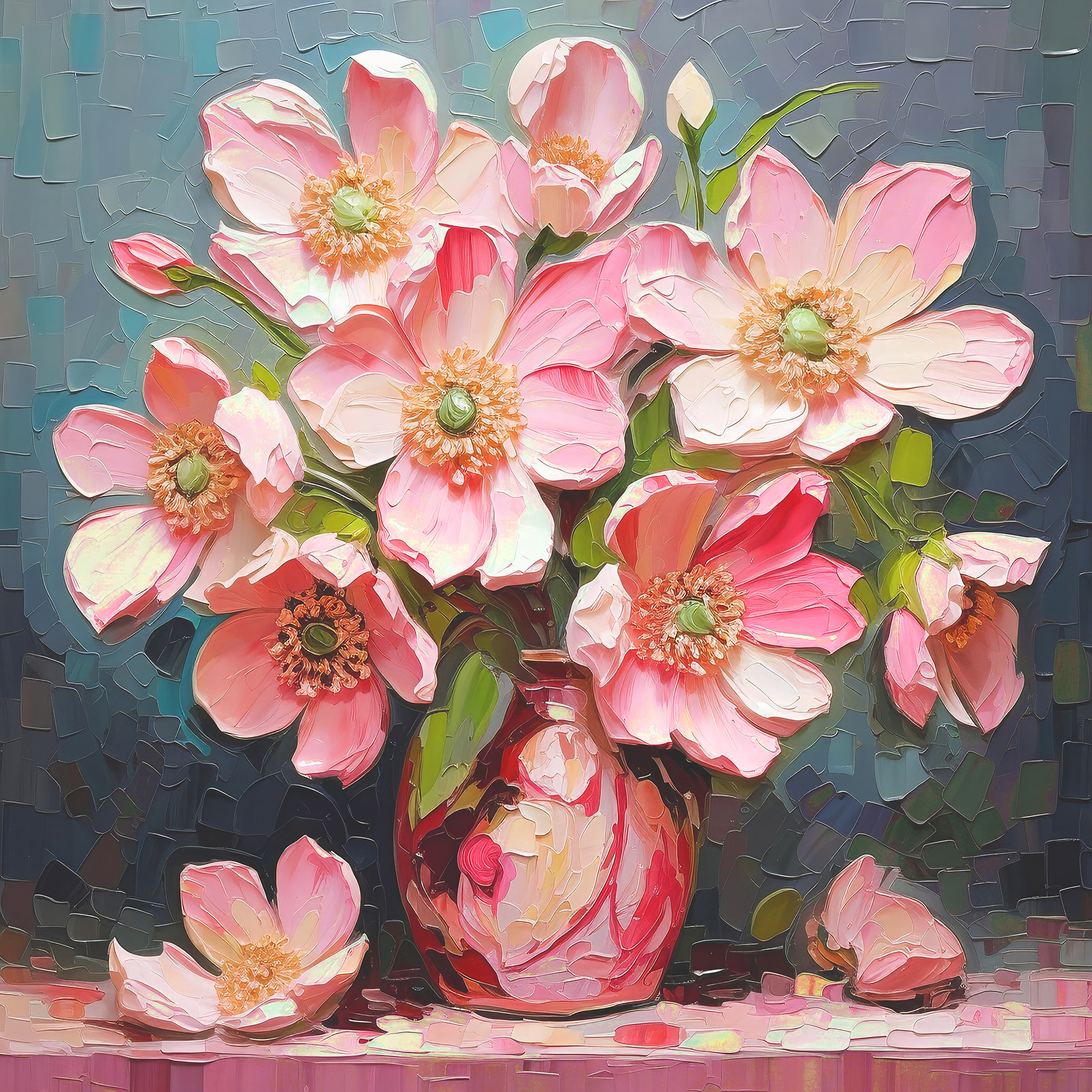 A painting of pink flowers in a vase