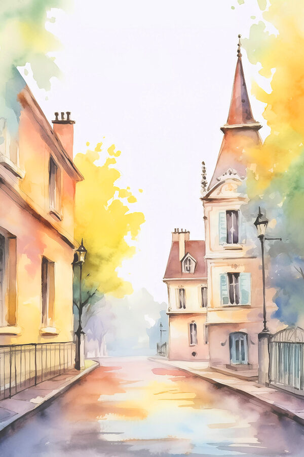 Watercolor painting of a street with buildings and trees