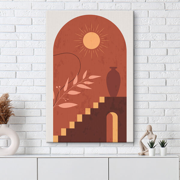 A painting of a vase and stairs
