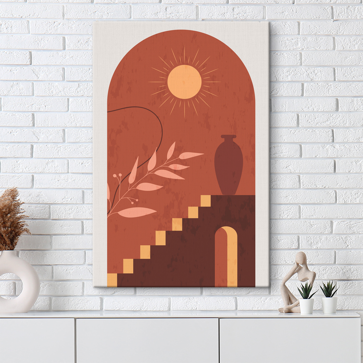 A painting of a vase and stairs