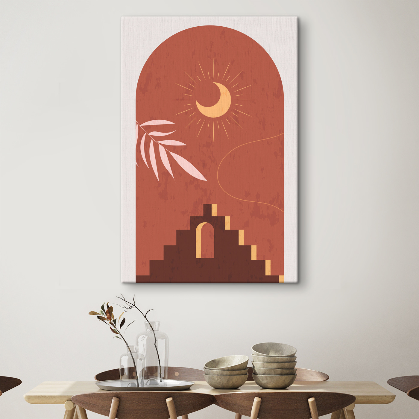 A sun and moon in a stone arch