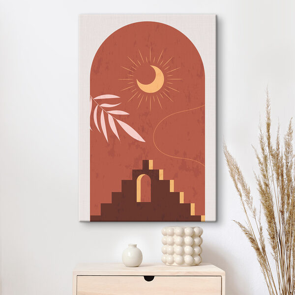 A sun and moon in a stone arch
