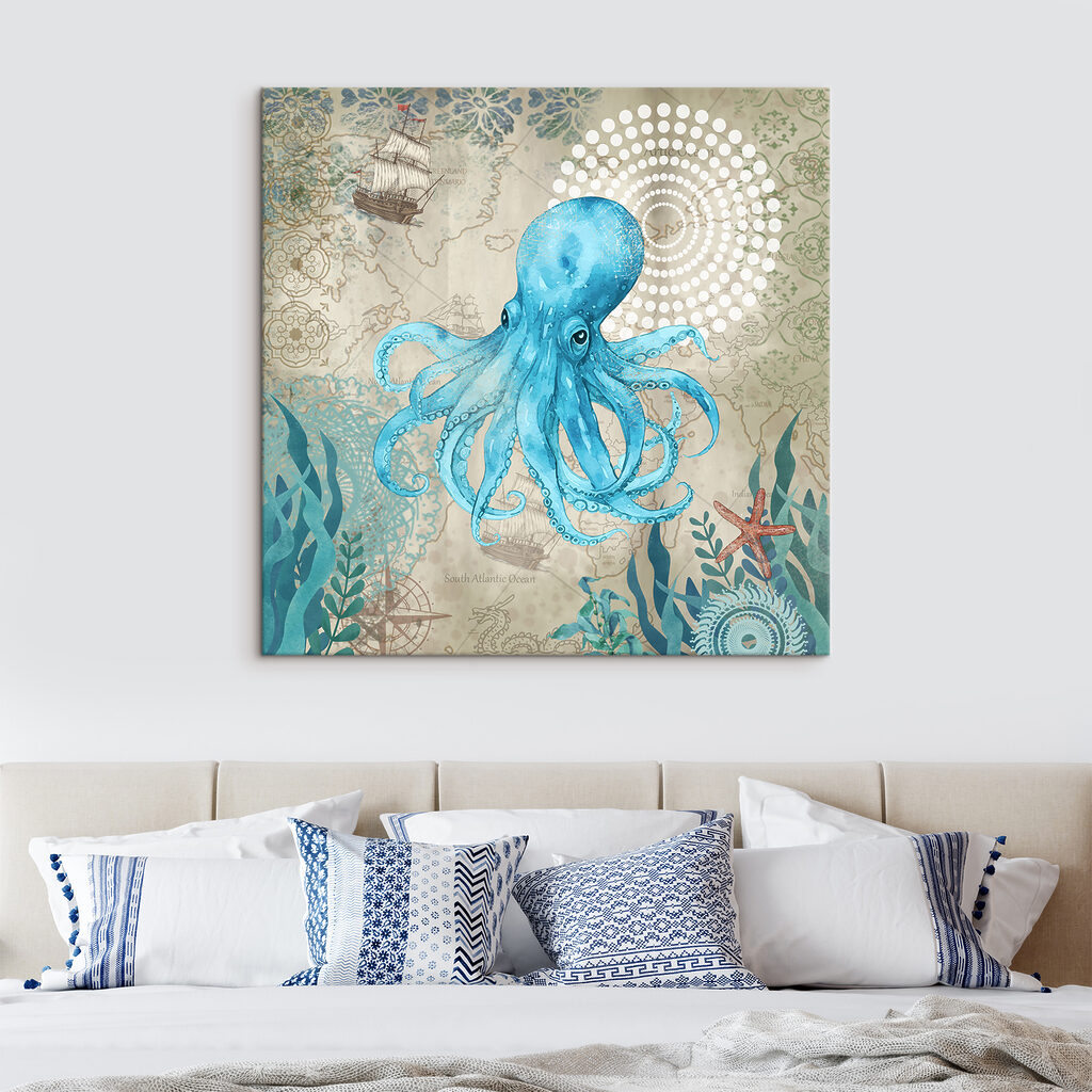 A blue octopus with a map of the ocean A blue octopus with a map of the ocean