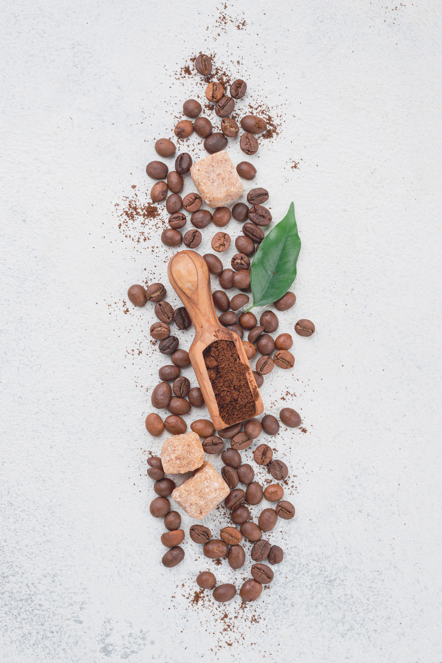 A spoon with coffee beans and sugar on top