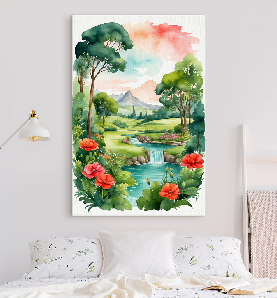 A watercolor painting of a river and flowers A watercolor painting of a river and flowers