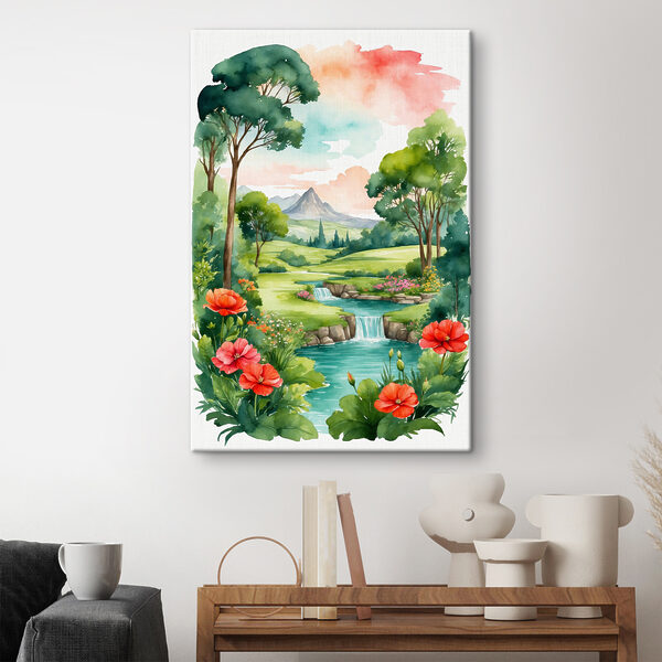 A watercolor painting of a river and flowers A watercolor painting of a river and flowers