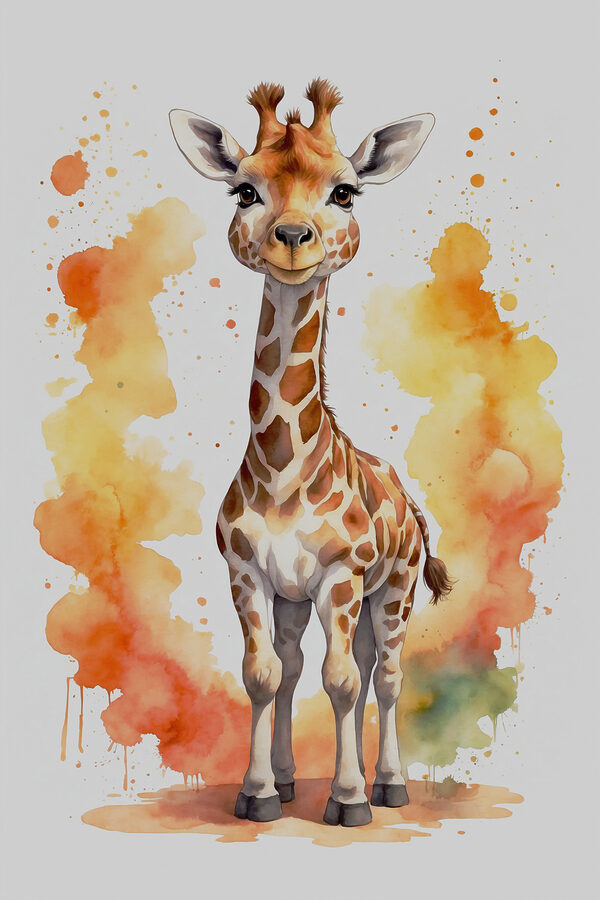 A giraffe standing in front of orange and yellow splashes A giraffe standing in front of orange and yellow splashes